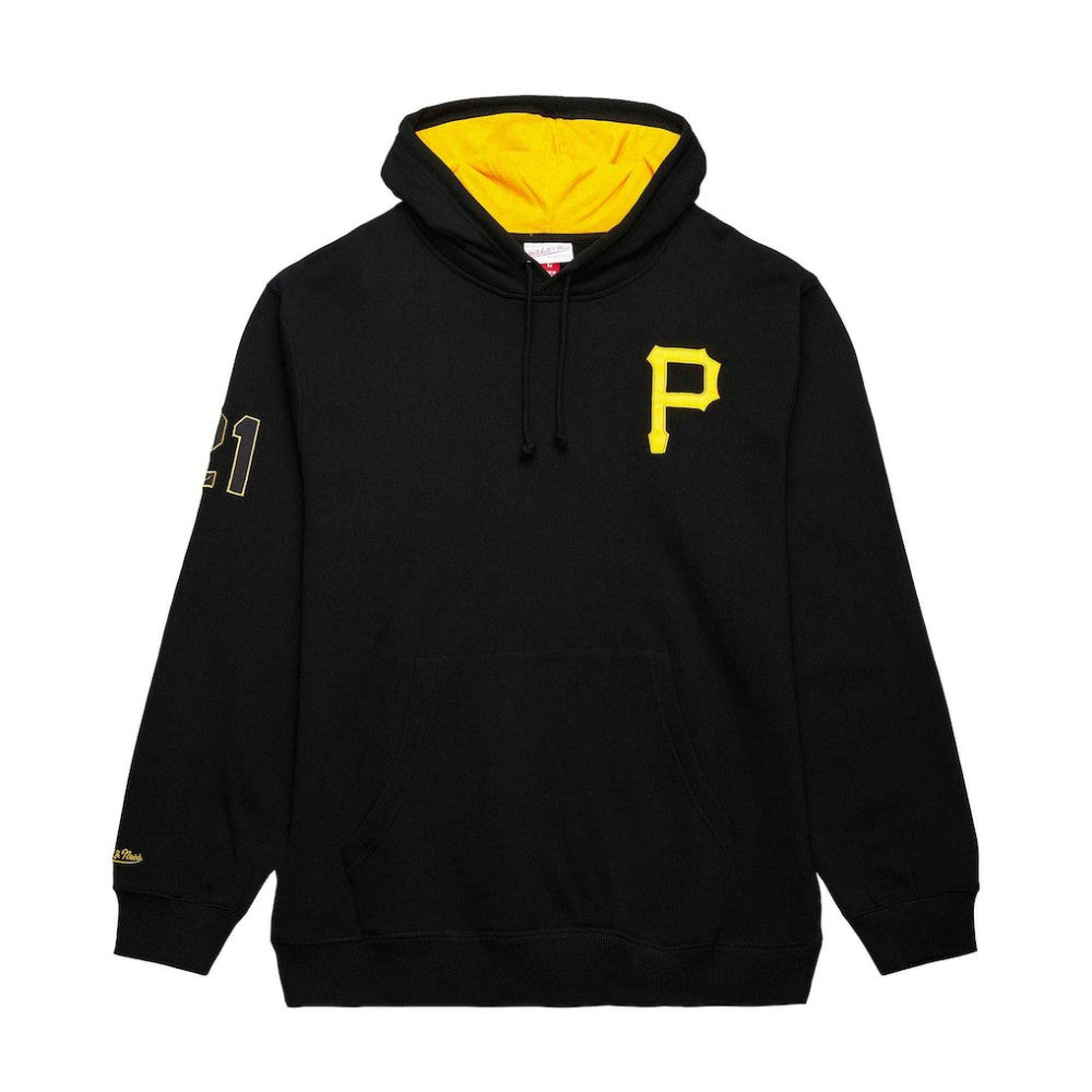 Roberto Clemente Pittsburgh Pirates Vintage Logo Name & Number Pullover Hoodie Black | Mitchell & Ness