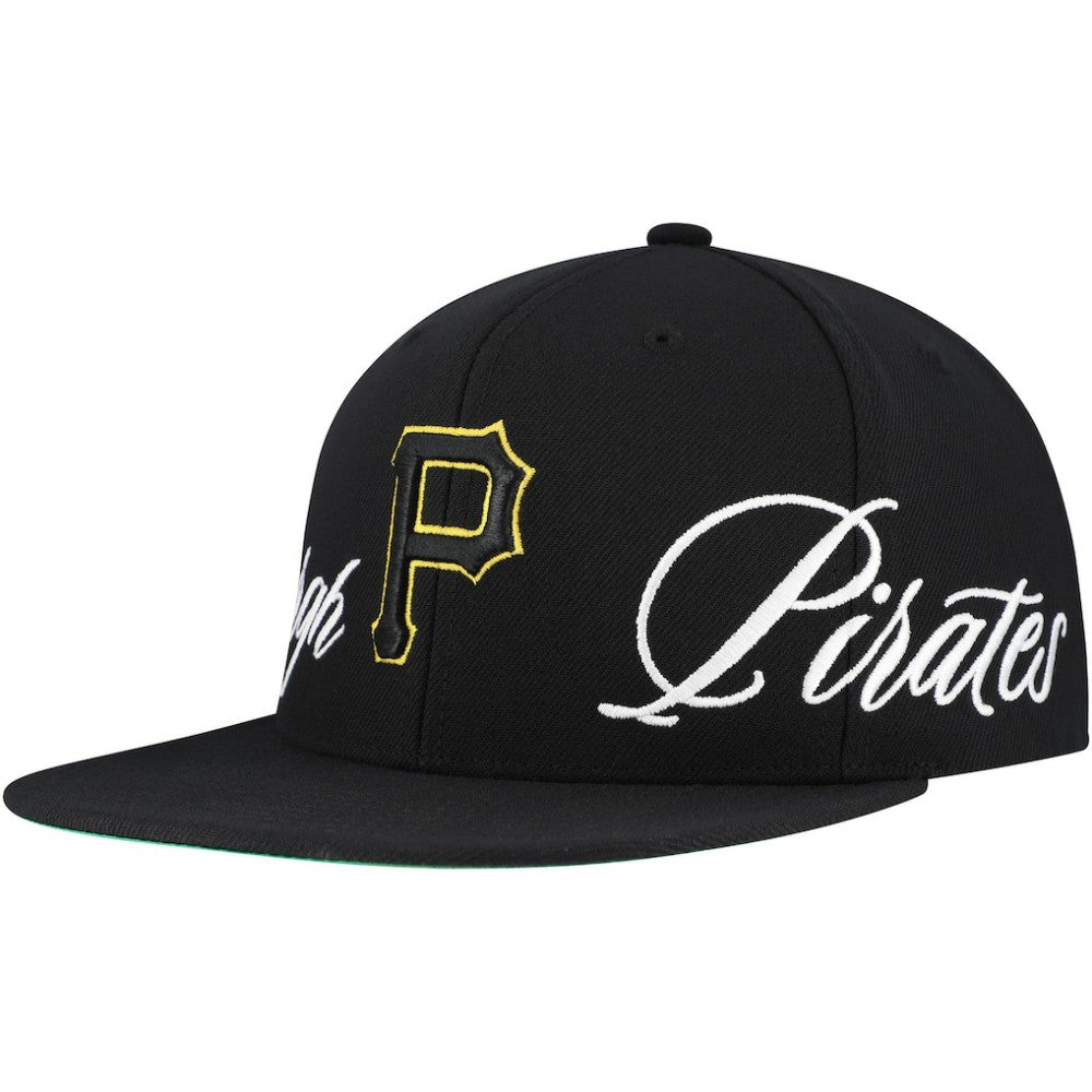 Pittsburgh Pirates Just Don x MLB Lux Script Snapback Hat Black | Mitchell & Ness