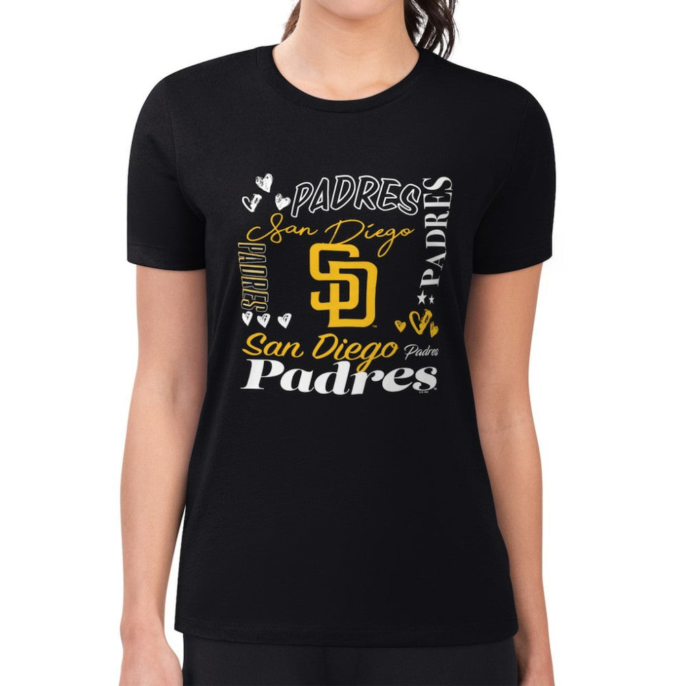 San Diego Padres G-III 4Her by Carl Banks Women's Super-Slim Fit Lightweight Collage Team Graphic Crew Neck T-Shirt Black