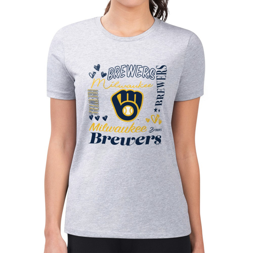Milwaukee Brewers G-III 4Her by Carl Banks Women's Super-Slim Fit Lightweight Collage Team Graphic Crew Neck T-Shirt Heather Gray