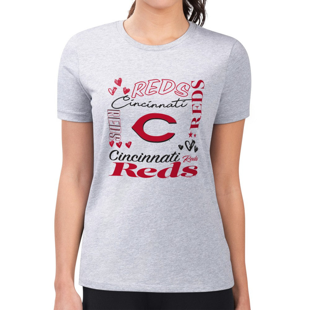 Cincinnati Reds G-III 4Her by Carl Banks Women's Super-Slim Fit Lightweight Collage Team Graphic Crew Neck T-Shirt Heather Gray