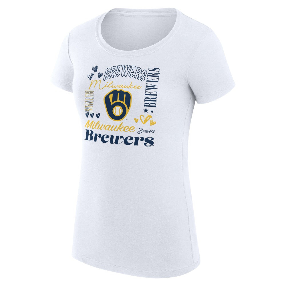 Milwaukee Brewers G-III 4Her by Carl Banks Women's Super-Slim Fit Lightweight Collage Team Graphic Crew Neck T-Shirt White