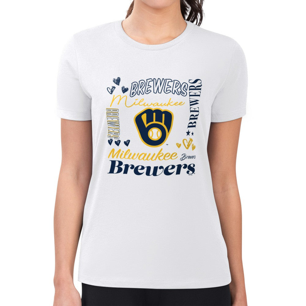 Milwaukee Brewers G-III 4Her by Carl Banks Women's Super-Slim Fit Lightweight Collage Team Graphic Crew Neck T-Shirt White