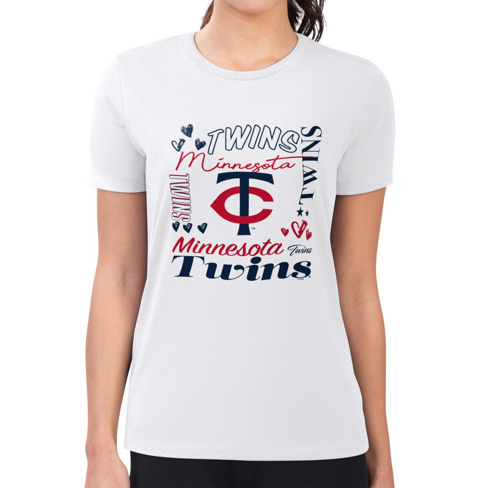 Minnesota Twins G-III 4Her by Carl Banks Women's Super-Slim Fit Lightweight Collage Team Graphic Crew Neck T-Shirt White