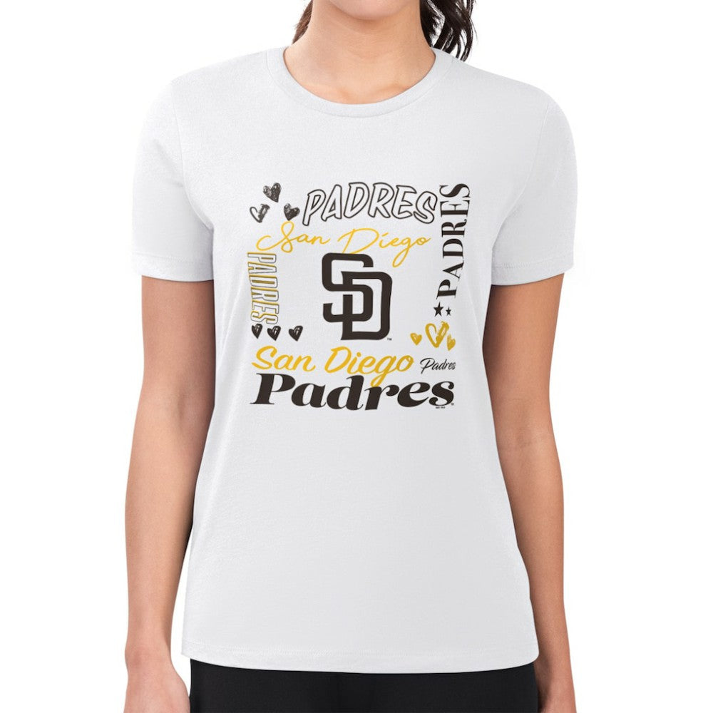 San Diego Padres G-III 4Her by Carl Banks Women's Super-Slim Fit Lightweight Collage Team Graphic Crew Neck T-Shirt White