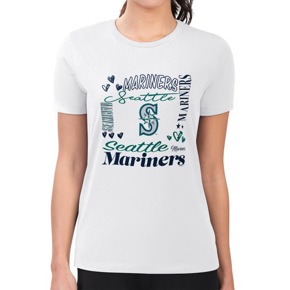 Seattle Mariners G-III 4Her by Carl Banks Women's Super-Slim Fit Lightweight Collage Team Graphic Crew Neck T-Shirt White