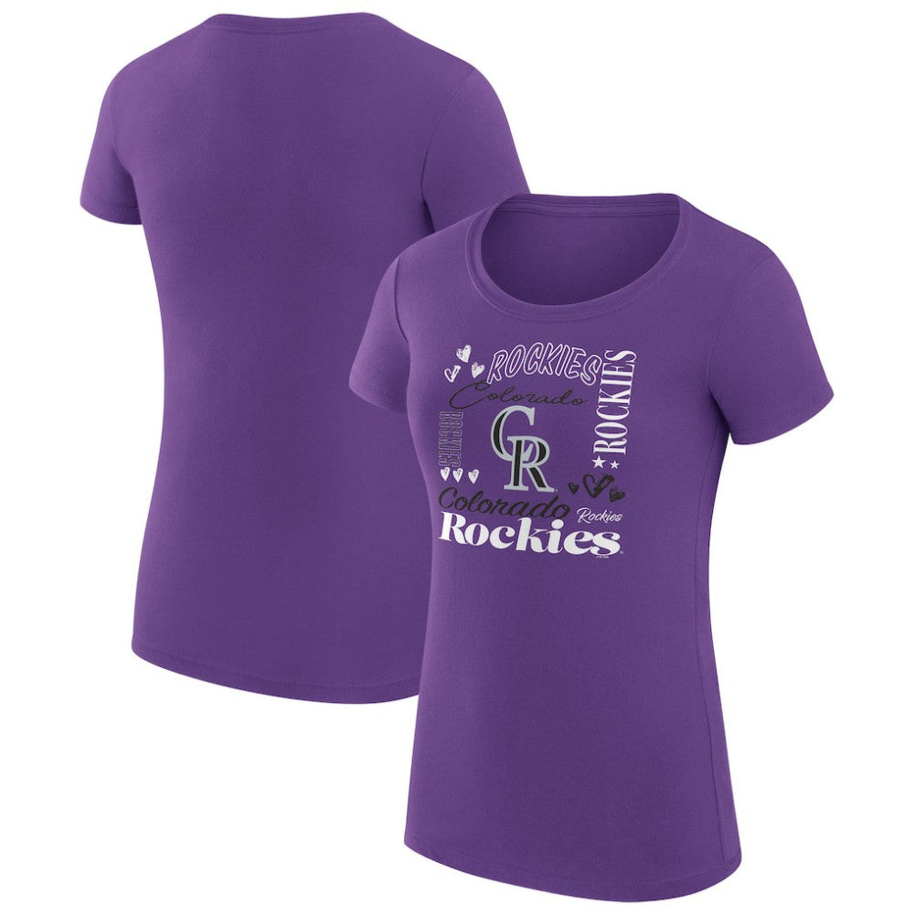 Colorado Rockies G-III 4Her by Carl Banks Women's Super-Slim Fit Lightweight Collage Team Graphic Crew Neck T-Shirt Purple