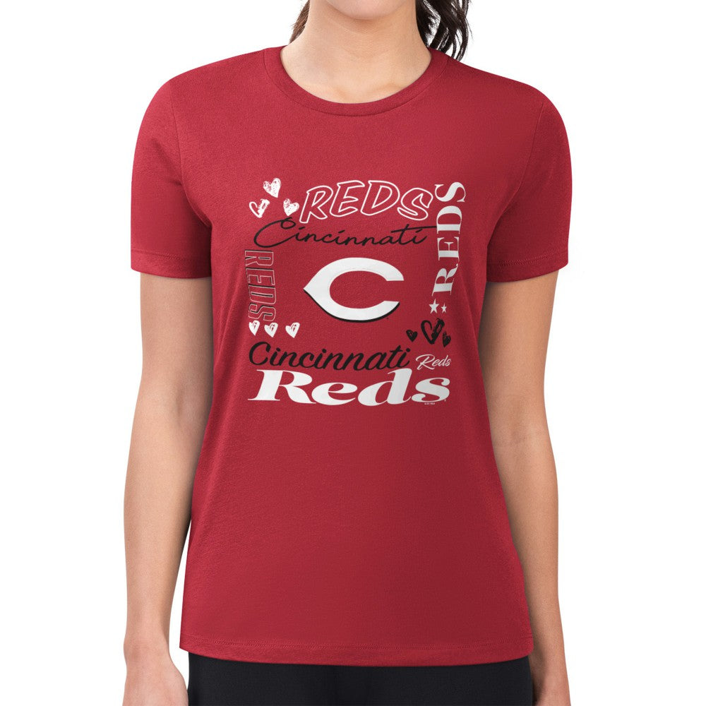 Cincinnati Reds G-III 4Her by Carl Banks Women's Super-Slim Fit Lightweight Collage Team Graphic Crew Neck T-Shirt Red