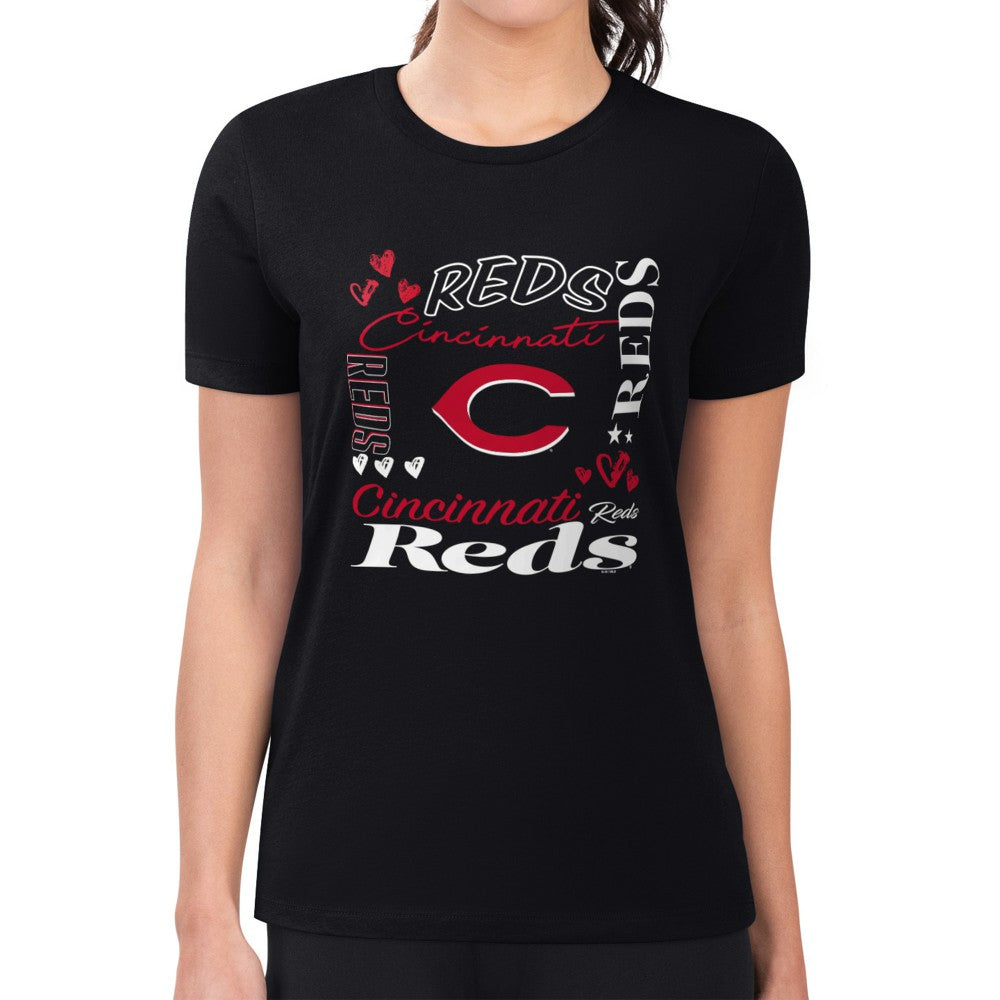 Cincinnati Reds G-III 4Her by Carl Banks Women's Super-Slim Fit Lightweight Collage Team Graphic Crew Neck T-Shirt Black