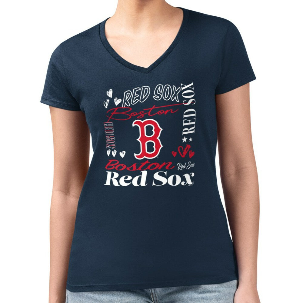 Boston Red Sox G-III 4Her by Carl Banks Women's Super-Slim Fit Lightweight Collage Team Graphic V-Neck T-Shirt Navy