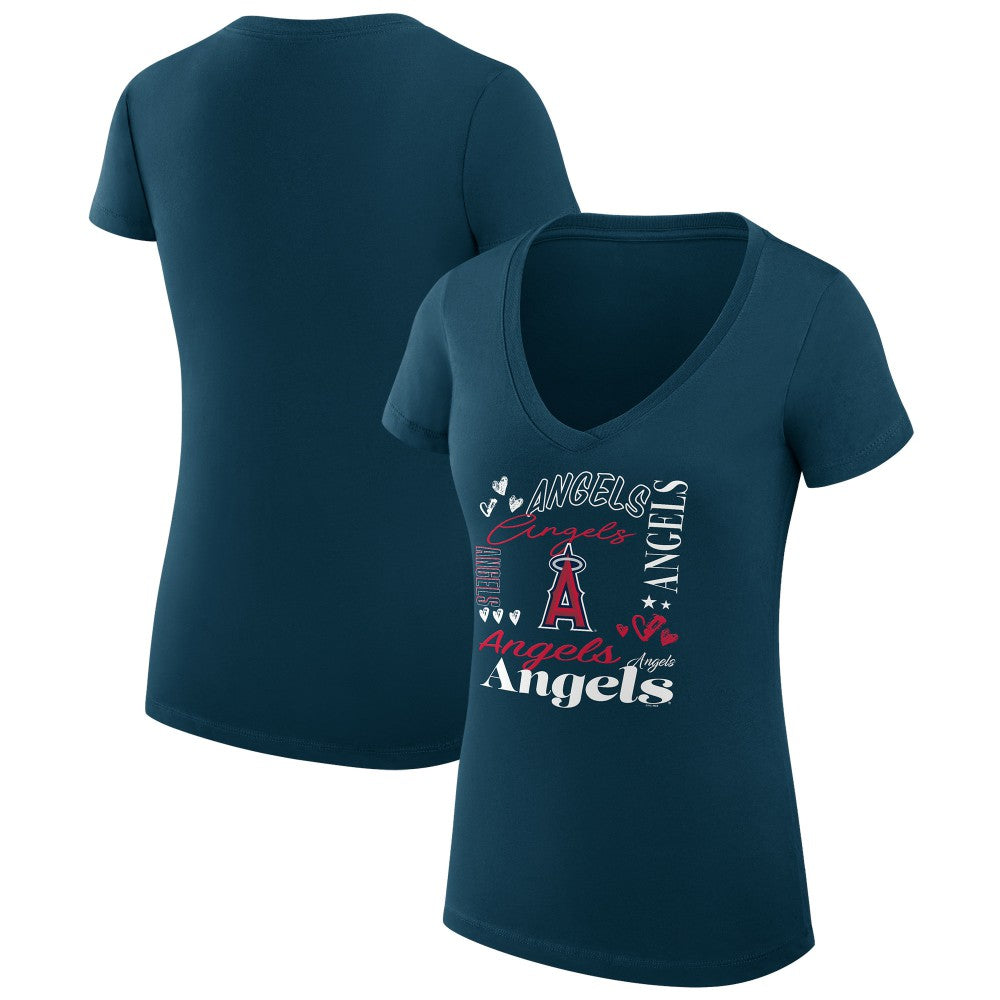 Los Angeles Angels G-III 4Her by Carl Banks Women's Super-Slim Fit Lightweight Collage Team Graphic V-Neck T-Shirt Navy