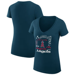 Los Angeles Angels G-III 4Her by Carl Banks Women's Super-Slim Fit Lightweight Collage Team Graphic V-Neck T-Shirt Navy