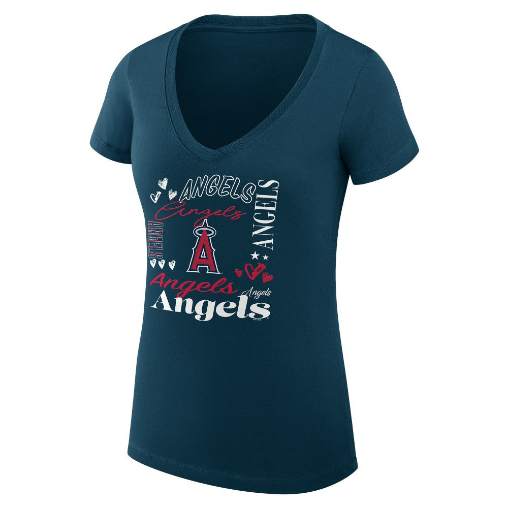 Los Angeles Angels G-III 4Her by Carl Banks Women's Super-Slim Fit Lightweight Collage Team Graphic V-Neck T-Shirt Navy