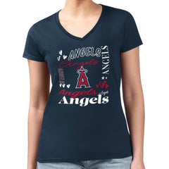 Los Angeles Angels G-III 4Her by Carl Banks Women's Super-Slim Fit Lightweight Collage Team Graphic V-Neck T-Shirt Navy