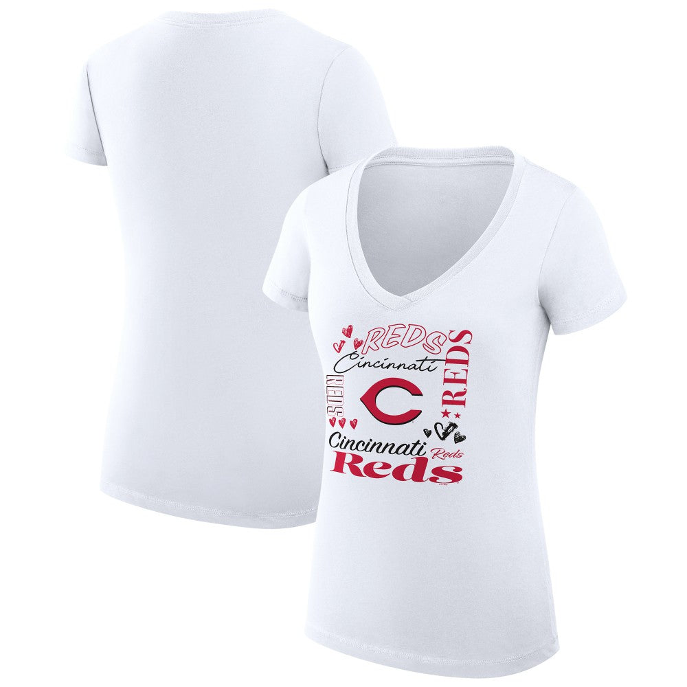 Cincinnati Reds G-III 4Her by Carl Banks Women's Super-Slim Fit Lightweight Collage Team Graphic V-Neck T-Shirt White