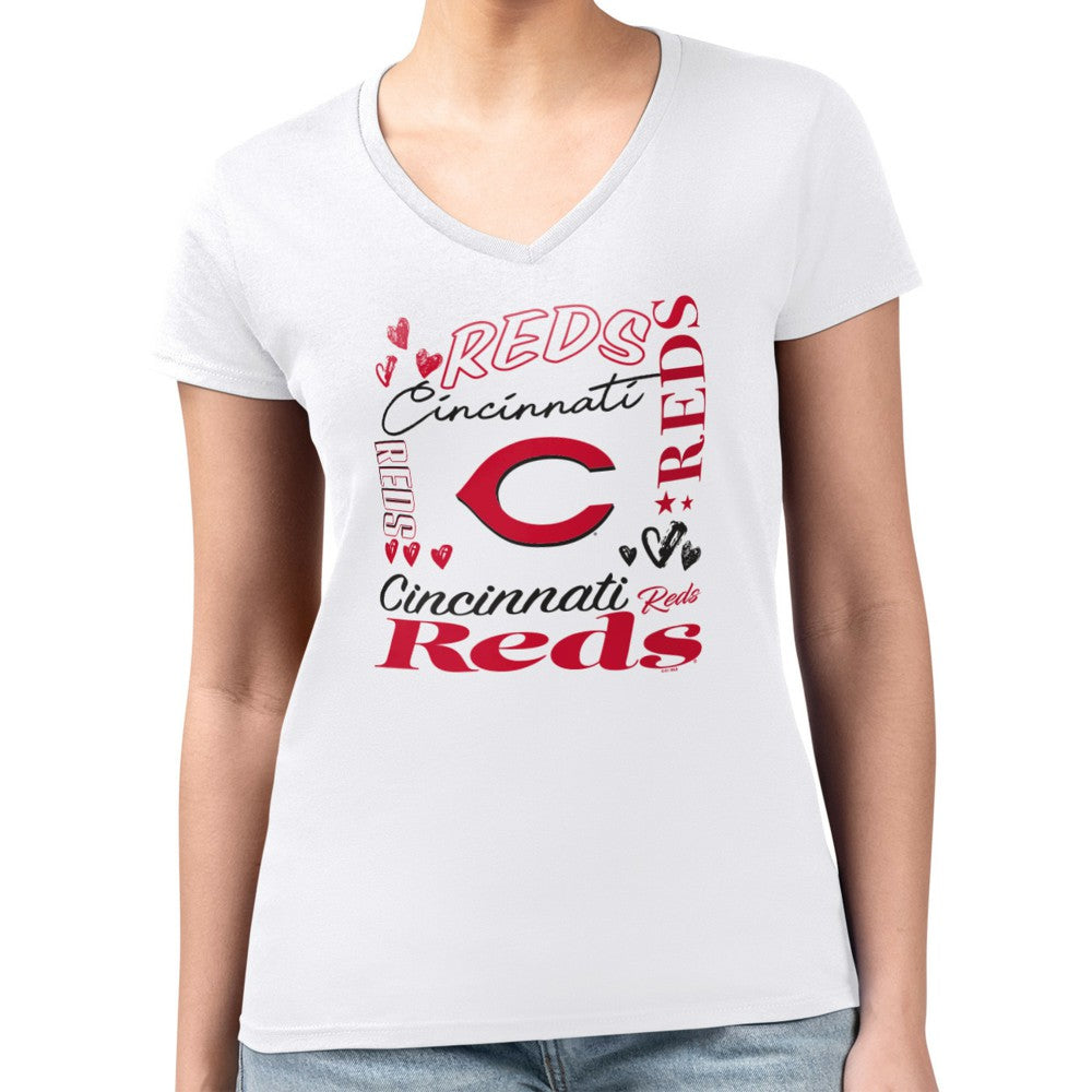 Cincinnati Reds G-III 4Her by Carl Banks Women's Super-Slim Fit Lightweight Collage Team Graphic V-Neck T-Shirt White