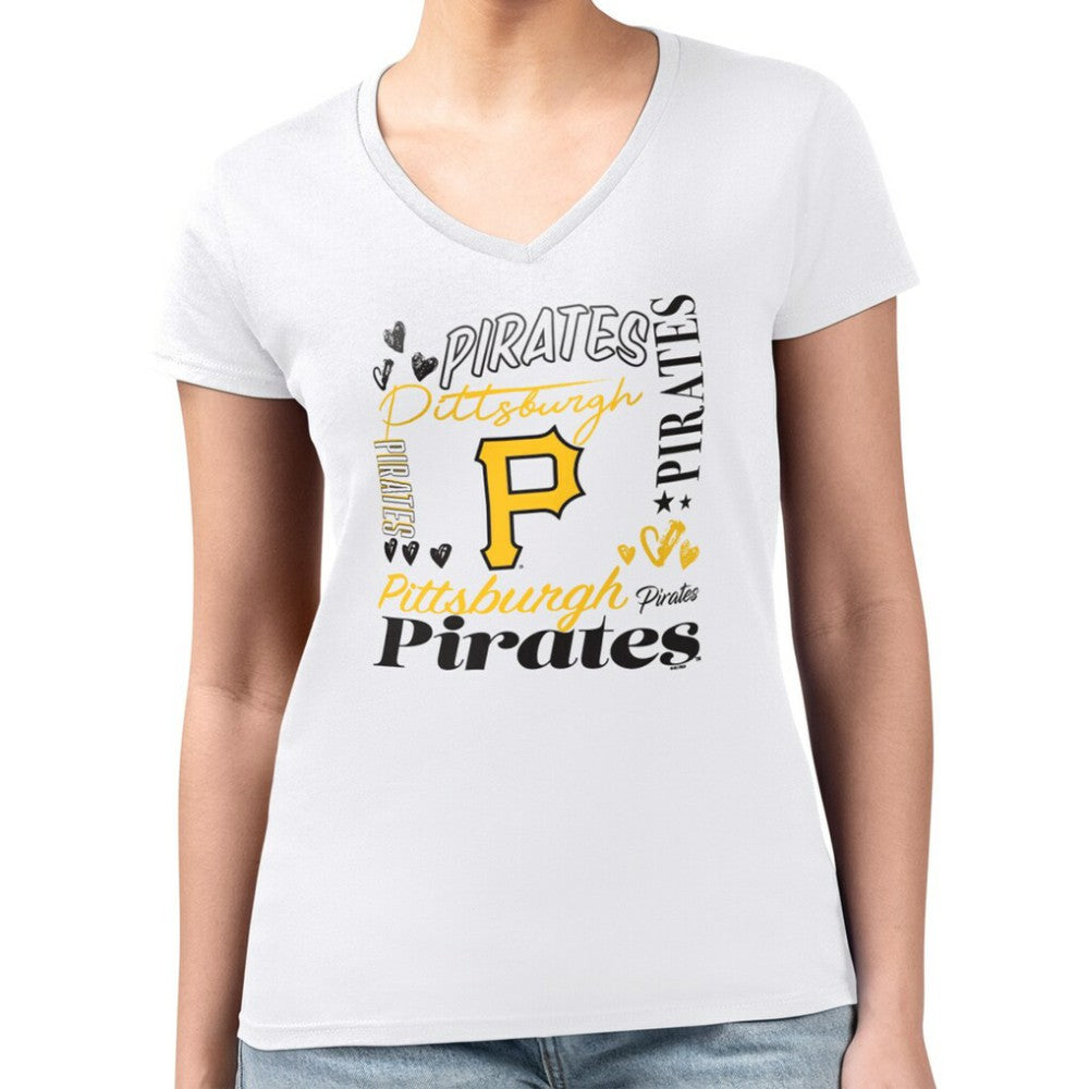Pittsburgh Pirates G-III 4Her by Carl Banks Women's Super-Slim Fit Lightweight Collage Team Graphic V-Neck T-Shirt White