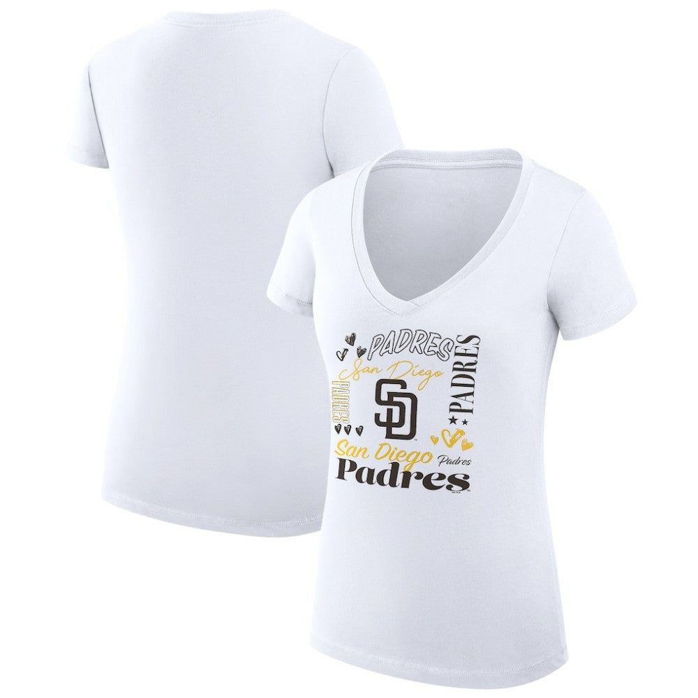 San Diego Padres G-III 4Her by Carl Banks Women's Super-Slim Fit Lightweight Collage Team Graphic V-Neck T-Shirt White