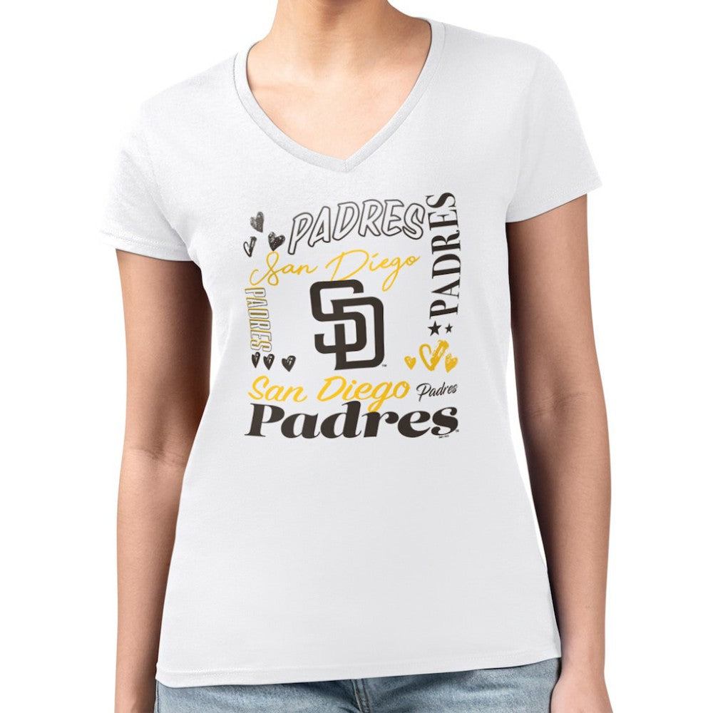San Diego Padres G-III 4Her by Carl Banks Women's Super-Slim Fit Lightweight Collage Team Graphic V-Neck T-Shirt White