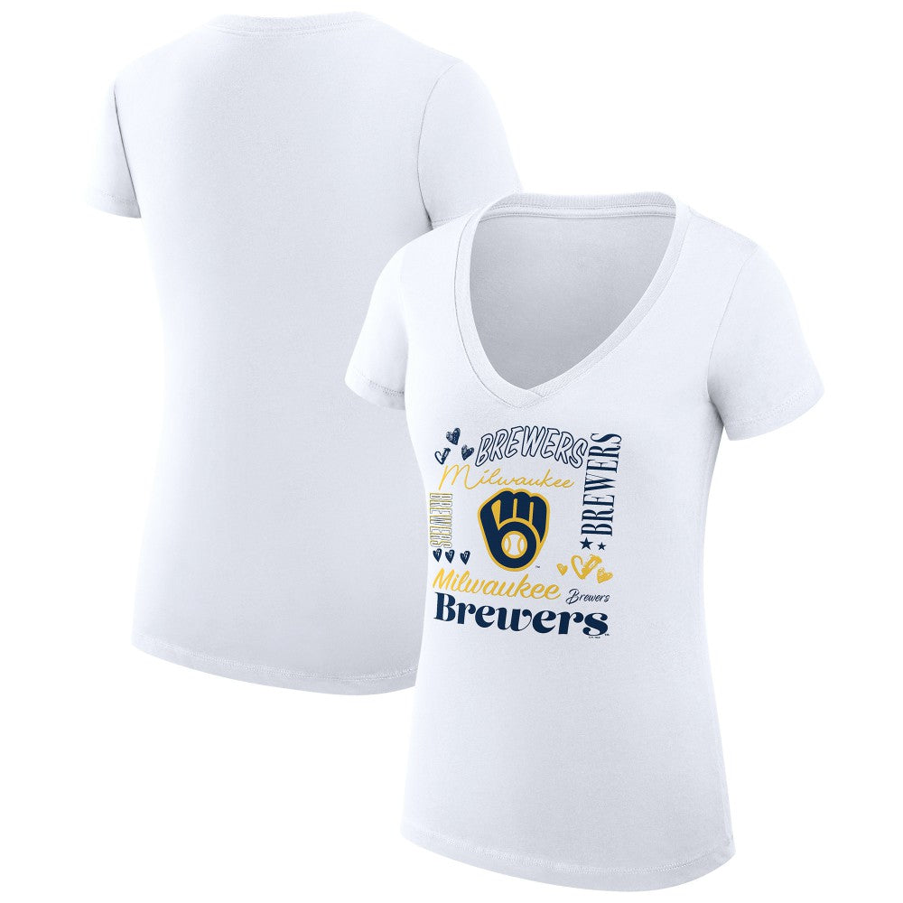 Milwaukee Brewers G-III 4Her by Carl Banks Women's Super-Slim Fit Lightweight Collage Team Graphic V-Neck T-Shirt White