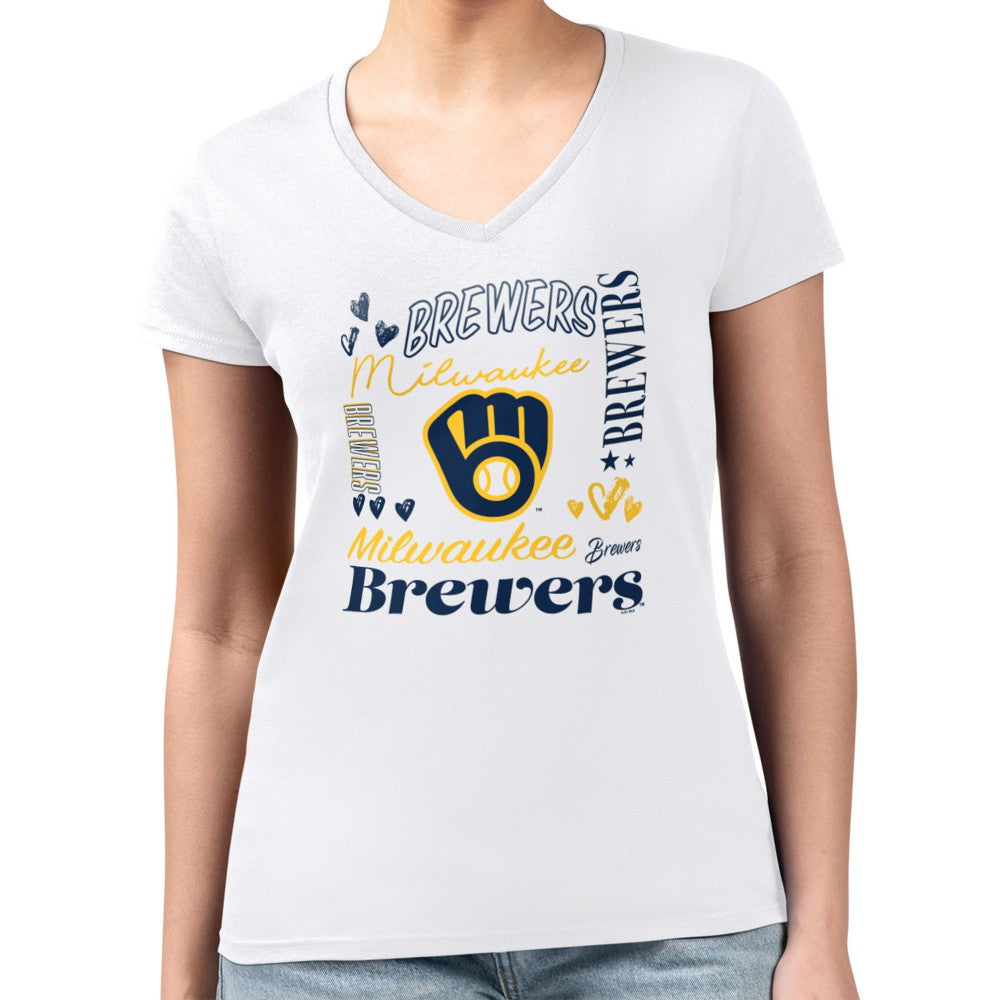 Milwaukee Brewers G-III 4Her by Carl Banks Women's Super-Slim Fit Lightweight Collage Team Graphic V-Neck T-Shirt White