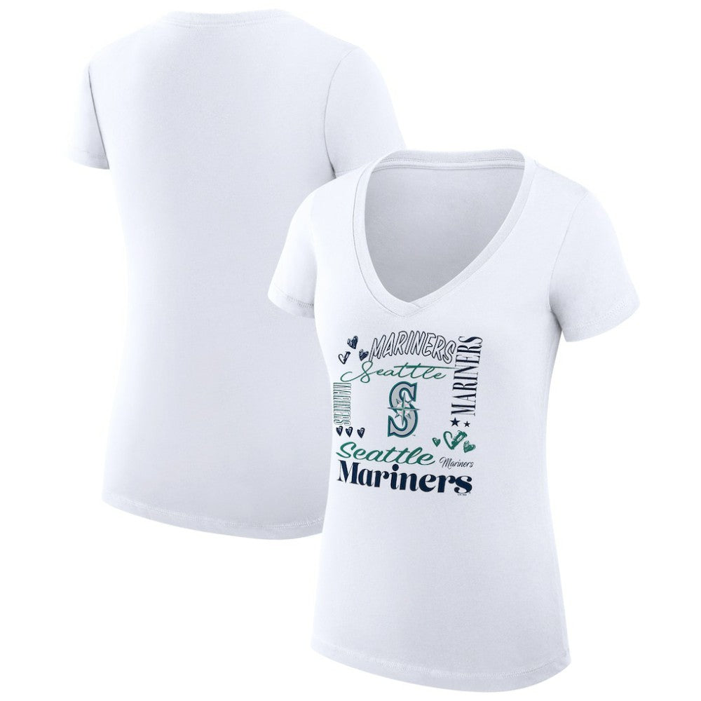 Seattle Mariners G-III 4Her by Carl Banks Women's Super-Slim Fit Lightweight Collage Team Graphic V-Neck T-Shirt White