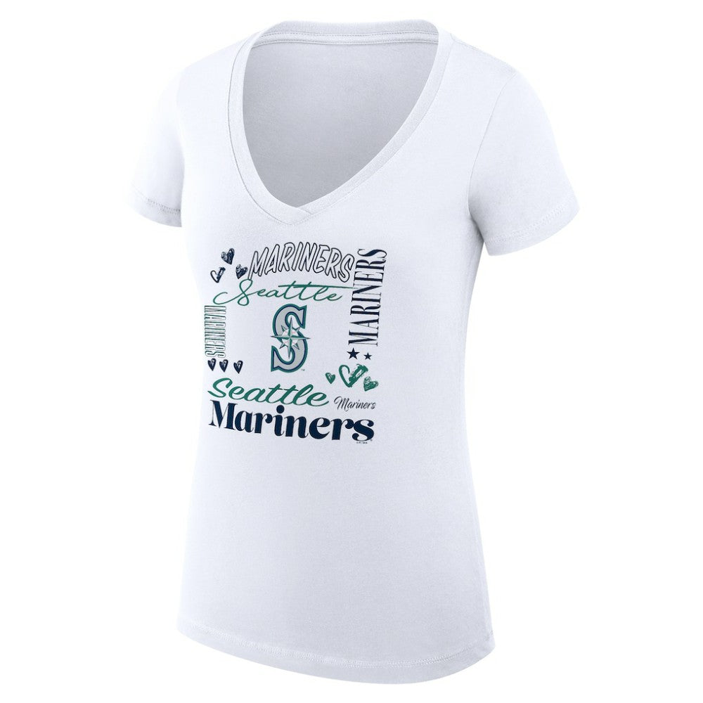 Seattle Mariners G-III 4Her by Carl Banks Women's Super-Slim Fit Lightweight Collage Team Graphic V-Neck T-Shirt White