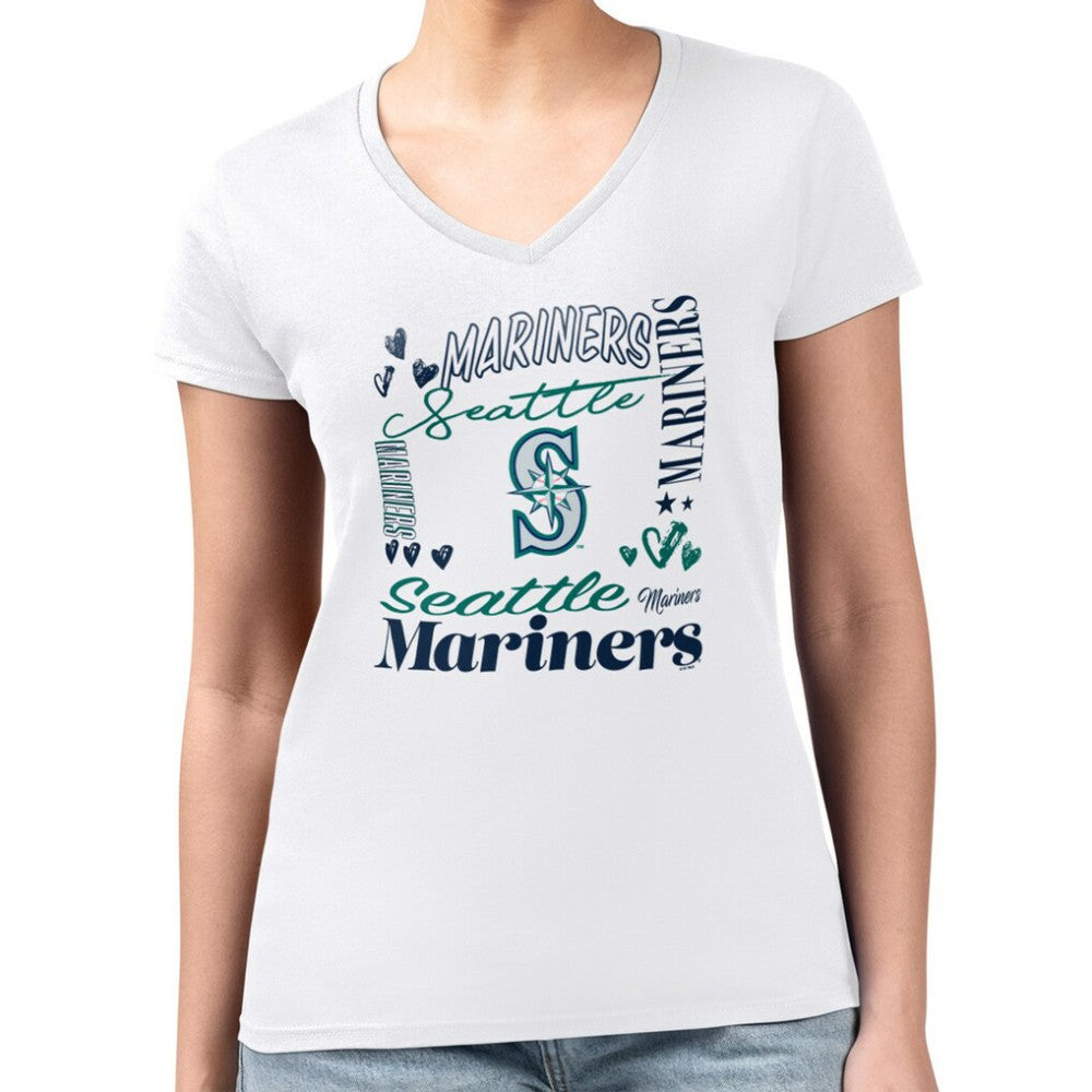 Seattle Mariners G-III 4Her by Carl Banks Women's Super-Slim Fit Lightweight Collage Team Graphic V-Neck T-Shirt White