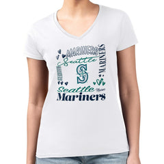 Seattle Mariners G-III 4Her by Carl Banks Women's Super-Slim Fit Lightweight Collage Team Graphic V-Neck T-Shirt White