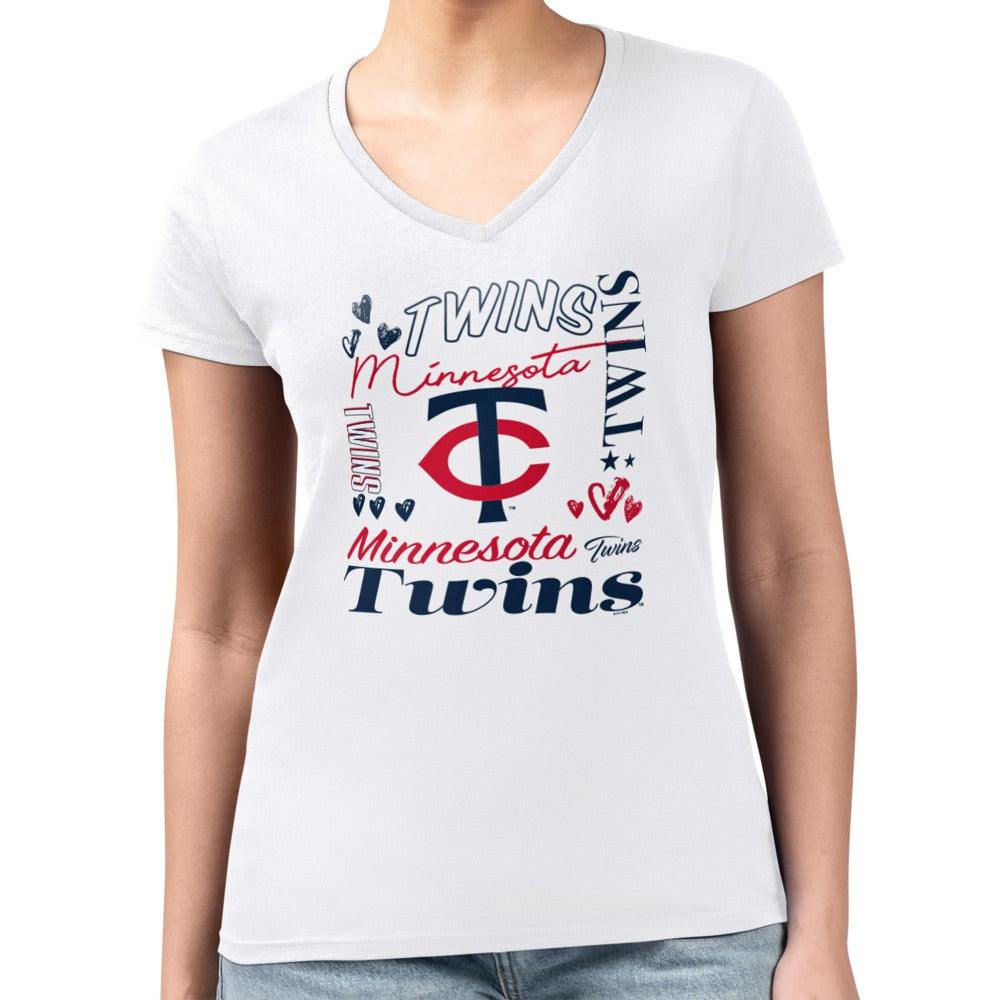 Minnesota Twins G-III 4Her by Carl Banks Women's Super-Slim Fit Lightweight Collage Team Graphic V-Neck T-Shirt White