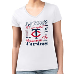 Minnesota Twins G-III 4Her by Carl Banks Women's Super-Slim Fit Lightweight Collage Team Graphic V-Neck T-Shirt White
