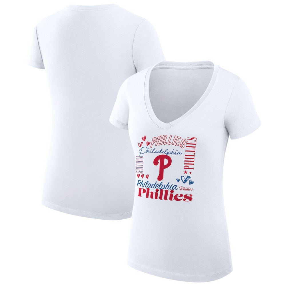 Philadelphia Phillies G-III 4Her by Carl Banks Women's Super-Slim Fit Lightweight Collage Team Graphic V-Neck T-Shirt White