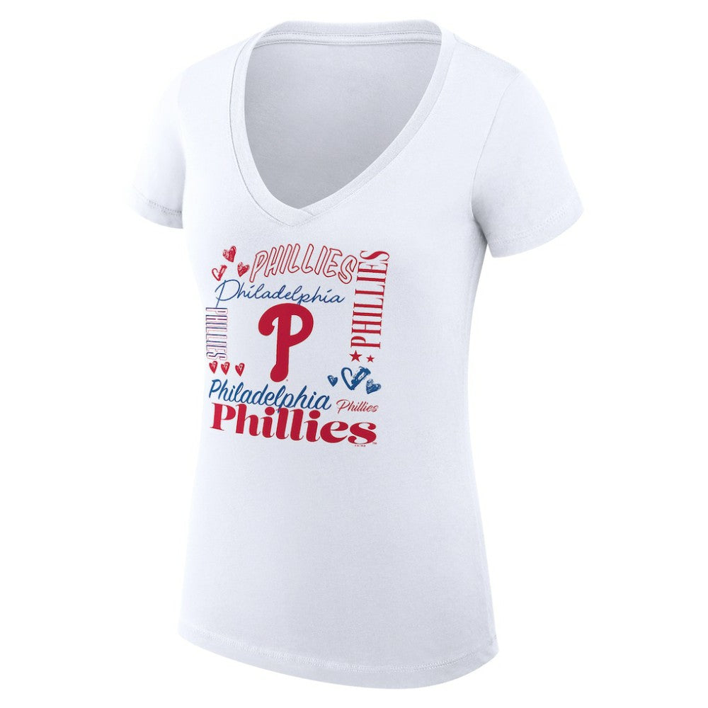 Philadelphia Phillies G-III 4Her by Carl Banks Women's Super-Slim Fit Lightweight Collage Team Graphic V-Neck T-Shirt White