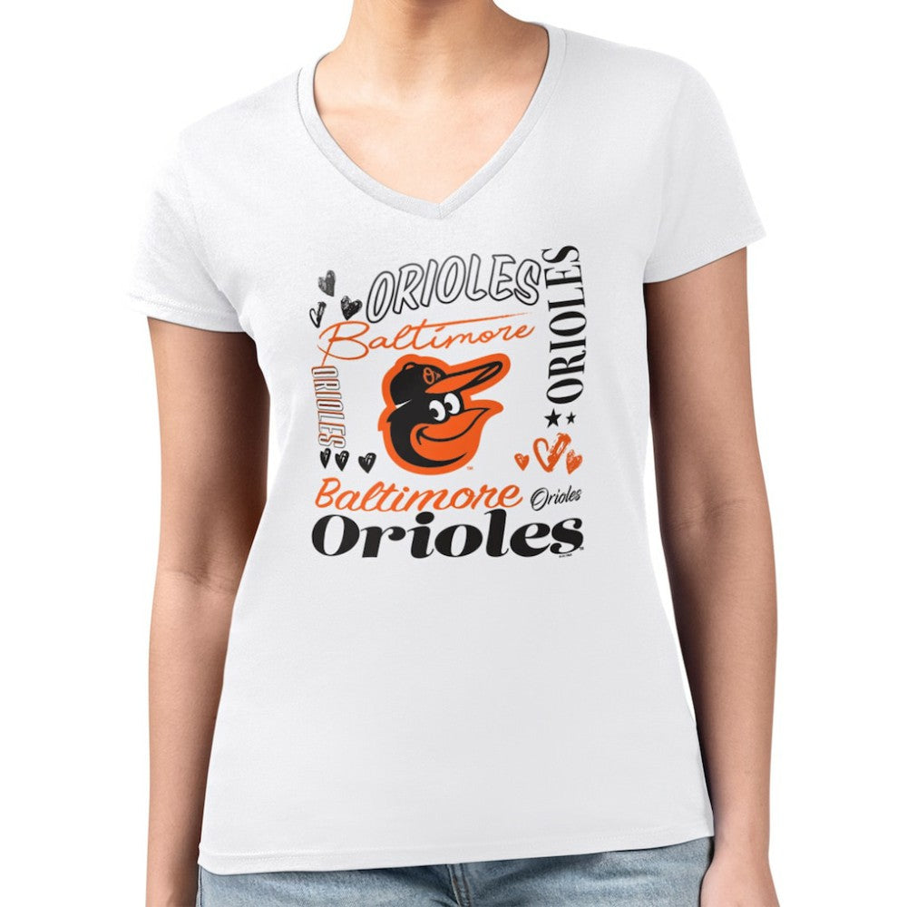 Baltimore Orioles G-III 4Her by Carl Banks Women's Super-Slim Fit Lightweight Collage Team Graphic V-Neck T-Shirt White