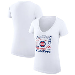 Chicago Cubs G-III 4Her by Carl Banks Women's Super-Slim Fit Lightweight Collage Team Graphic V-Neck T-Shirt White