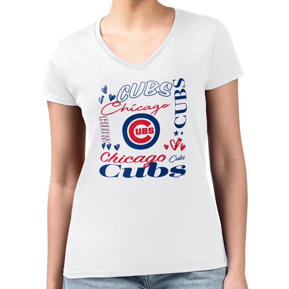 Chicago Cubs G-III 4Her by Carl Banks Women's Super-Slim Fit Lightweight Collage Team Graphic V-Neck T-Shirt White