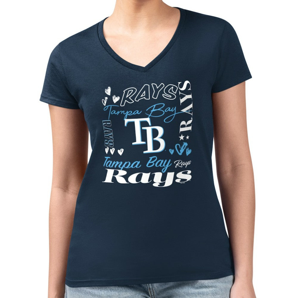 Tampa Bay Rays G-III 4Her by Carl Banks Women's Super-Slim Fit Lightweight Collage Team Graphic V-Neck T-Shirt Navy