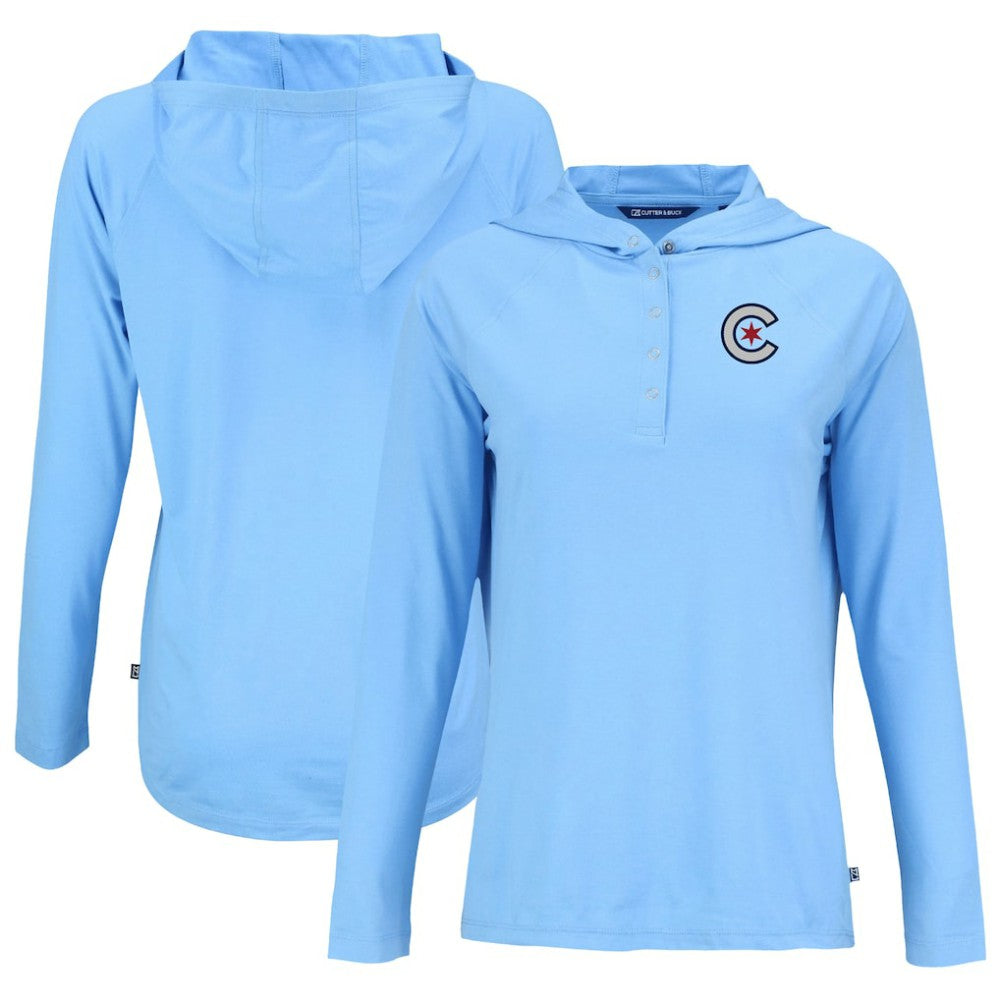 Chicago Cubs Cutter & Buck Women's City Connect Coastline Epic Comfort Eco Recycled Hoodie Raglan Long Sleeve T-Shirt Powder Blue
