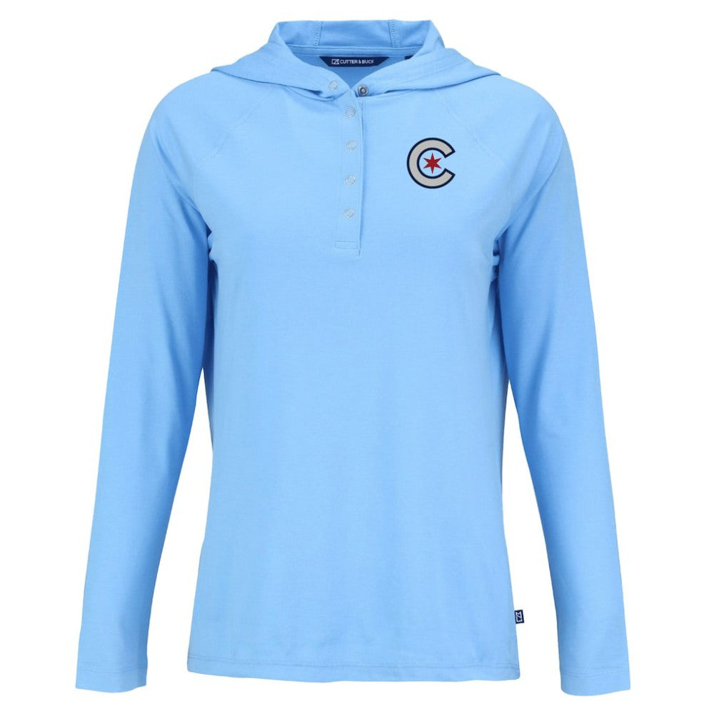 Chicago Cubs Cutter & Buck Women's City Connect Coastline Epic Comfort Eco Recycled Hoodie Raglan Long Sleeve T-Shirt Powder Blue