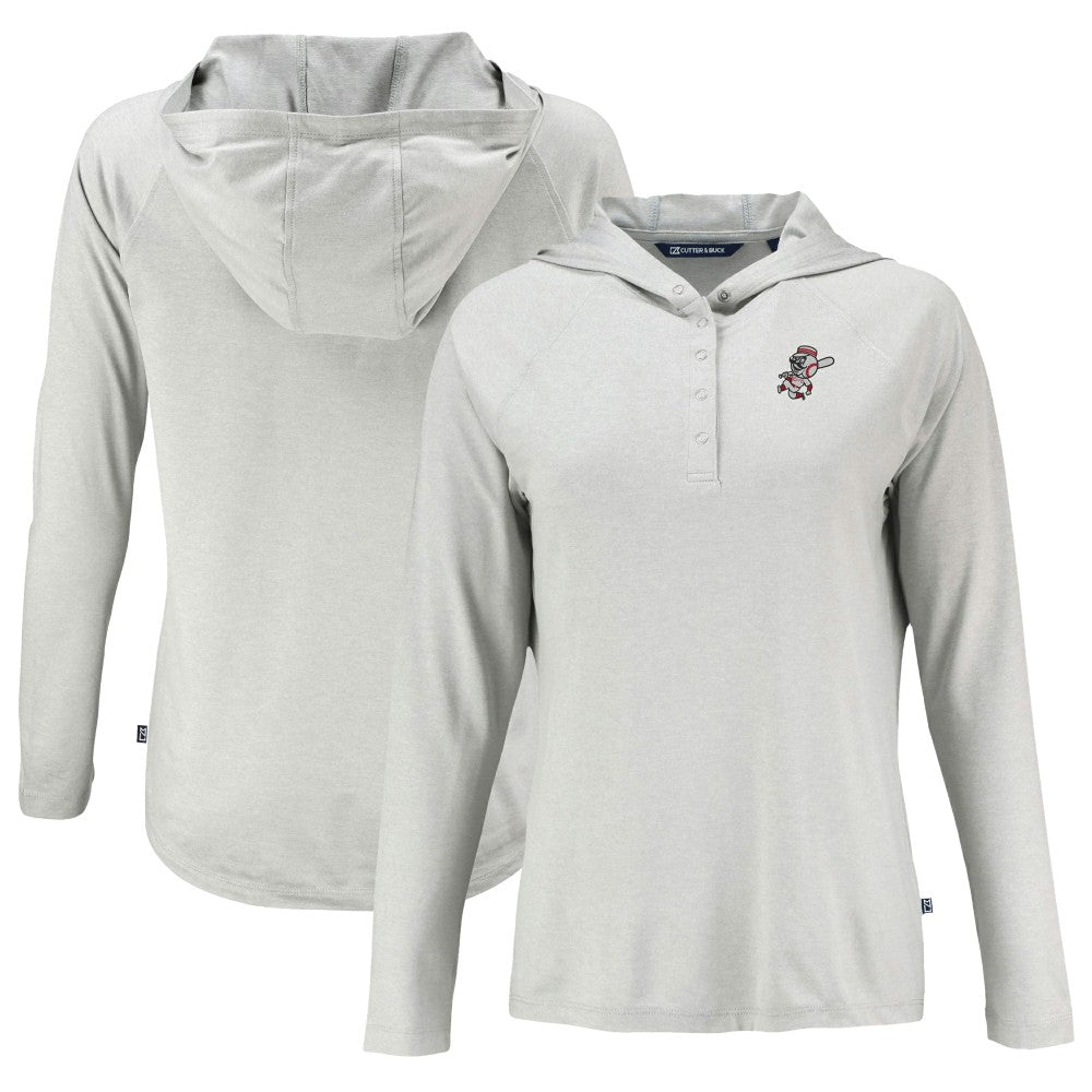 Cincinnati Reds Cutter & Buck Women's Cooperstown Collection Coastline Epic Comfort Eco Recycled Hoodie Raglan Long Sleeve T-Shirt Gray