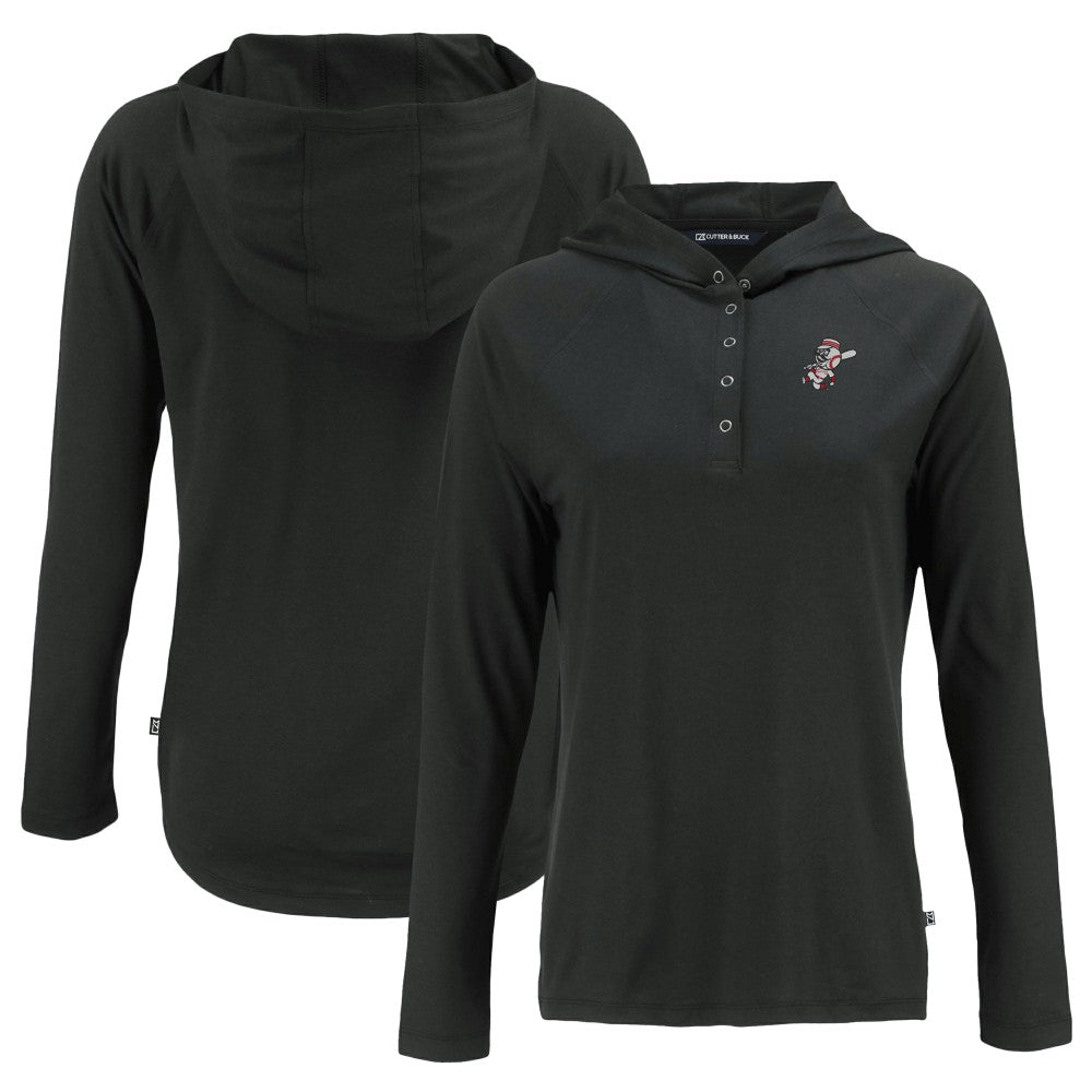 Cincinnati Reds Cutter & Buck Women's Cooperstown Collection Coastline Epic Comfort Eco Recycled Hoodie Raglan Long Sleeve T-Shirt Black