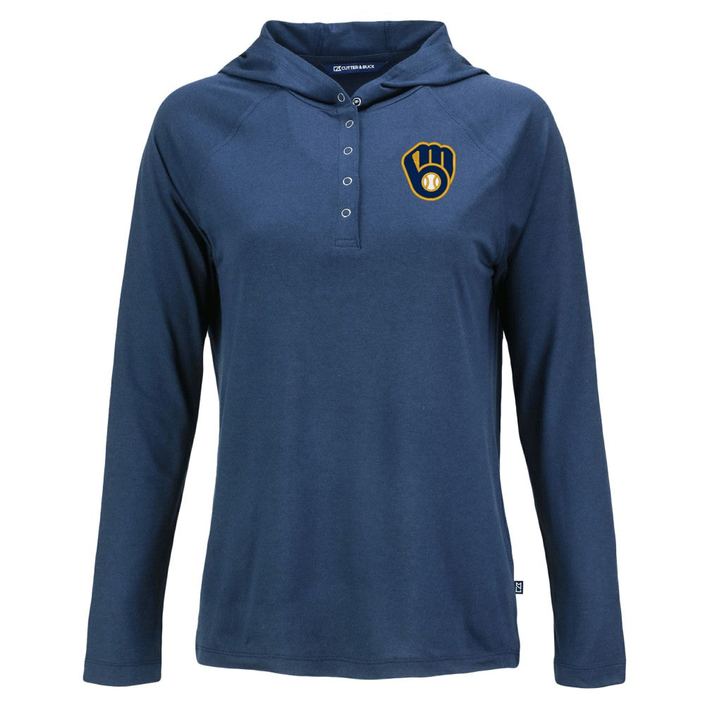 Milwaukee Brewers Cutter & Buck Women's  Coastline Epic Comfort Eco Recycled Hoodie Raglan Long Sleeve T-Shirt Navy