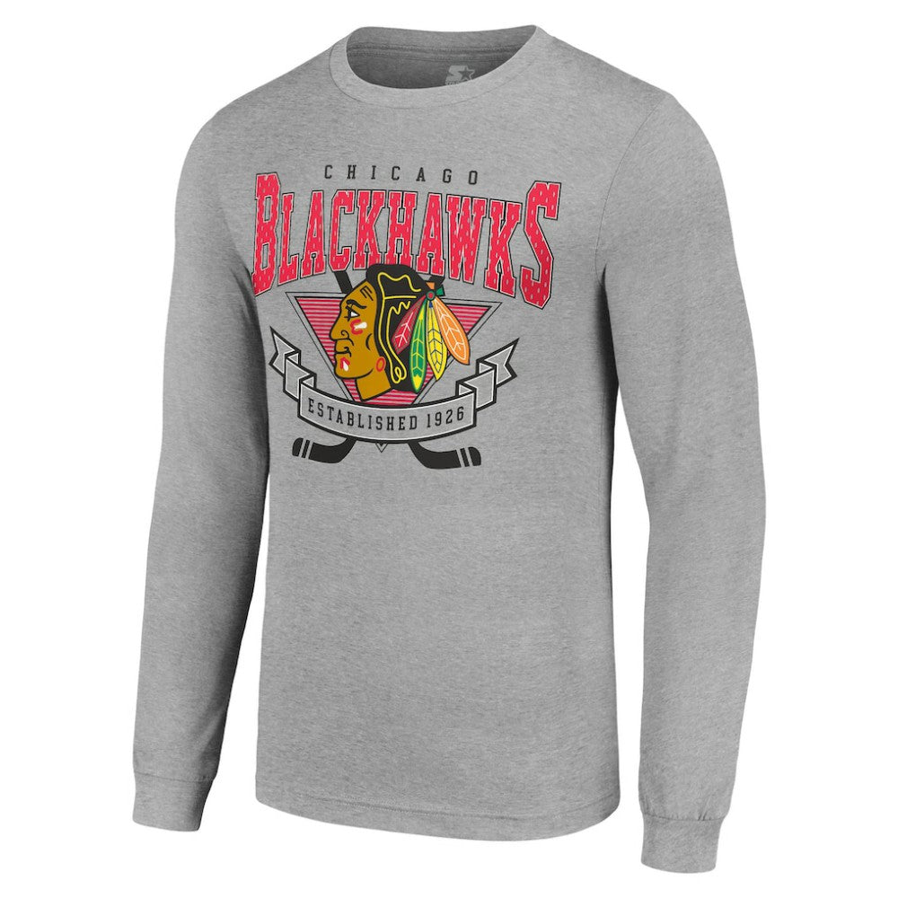 Chicago Blackhawks Starter '80s Inspired Team Logo Long Sleeve T-Shirt Heather Gray