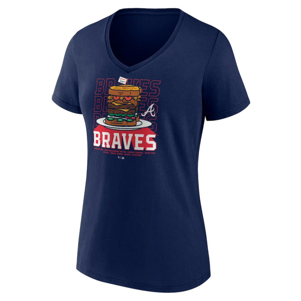 Atlanta Braves Women's Blooper Burger V-Neck T-Shirt Navy