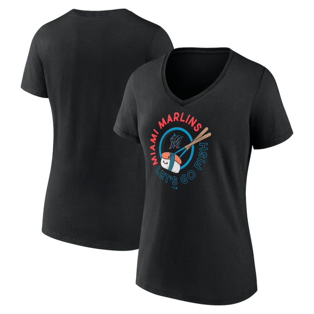 Miami Marlins Women's Let's Go Fish V-Neck T-Shirt Black