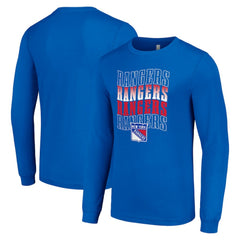 New York Rangers Starter Four Team Name Logo Long Sleeve Graphic T-Shirt Blue