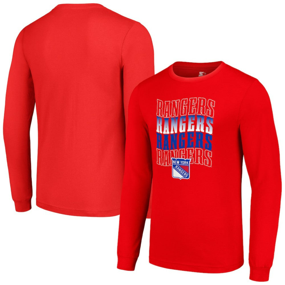 New York Rangers Starter Four Team Name Logo Long Sleeve Graphic T-Shirt Red