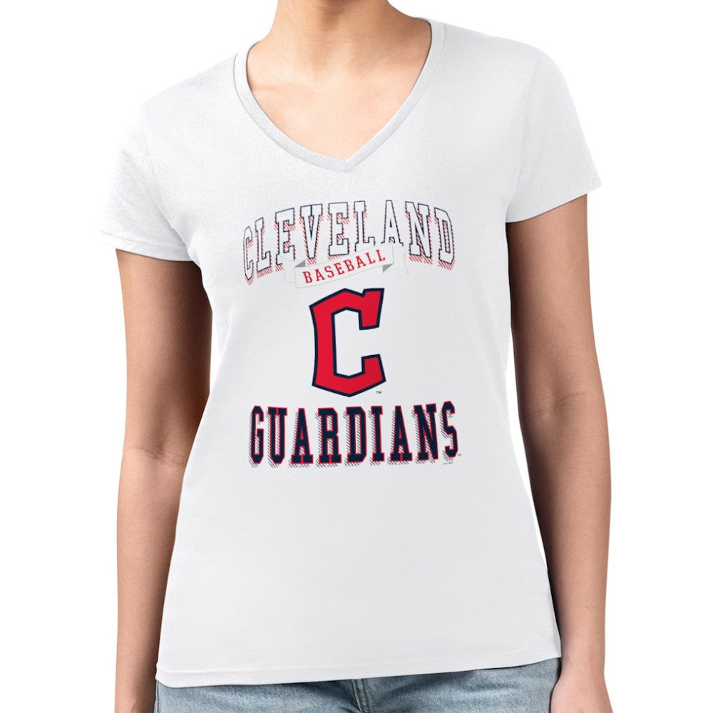 Cleveland Guardians G-III 4Her by Carl Banks Women's Super-Slim Fit Lightweight Team Logo Graphic V-Neck T-Shirt White