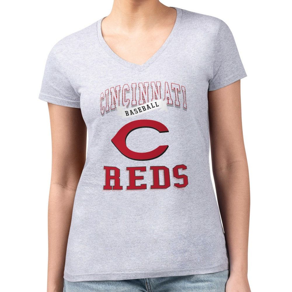 Cincinnati Reds G-III 4Her by Carl Banks Women's Super-Slim Fit Lightweight Team Logo Graphic V-Neck T-Shirt Heather Gray