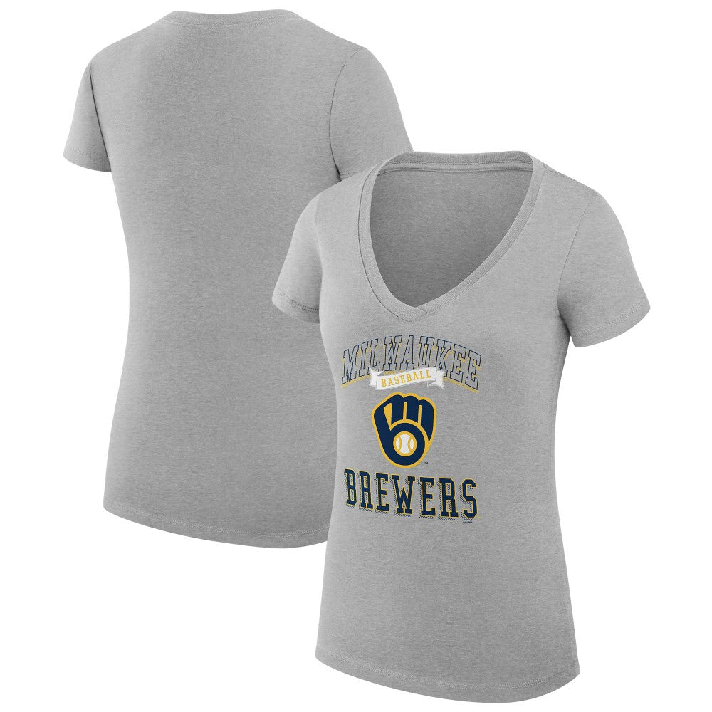 Milwaukee Brewers G-III 4Her by Carl Banks Women's Super-Slim Fit Lightweight Team Logo Graphic V-Neck T-Shirt Heather Gray